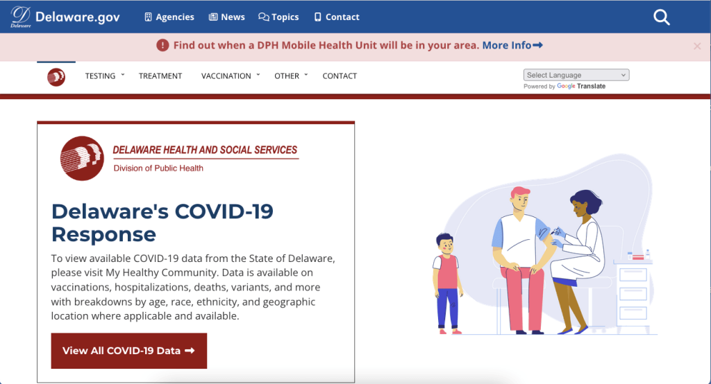 Screenshot of the Delaware COVID-19 information website.